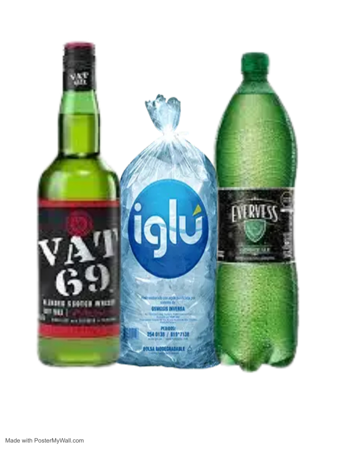 WHISKY VAT 69 BLENDED 700ML + EVERVESS 1.5LT + HIELO IGLU 1.5 KG